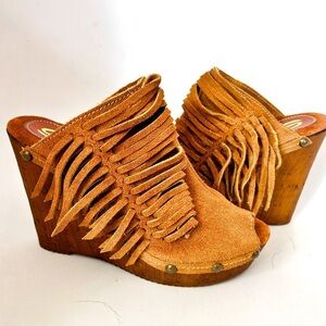 SBICCA Pitch Tan Suede Leather Fringe Cork Wedges Size 9 NWOB